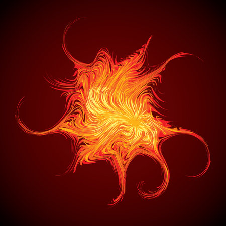 Artistic bright warm red burn circle midpoint drawing shape design. Optical illusion fuzzy sphere form in art cartoon creative style. Yellow color motley power boom ball symbol on dark space for textのイラスト素材