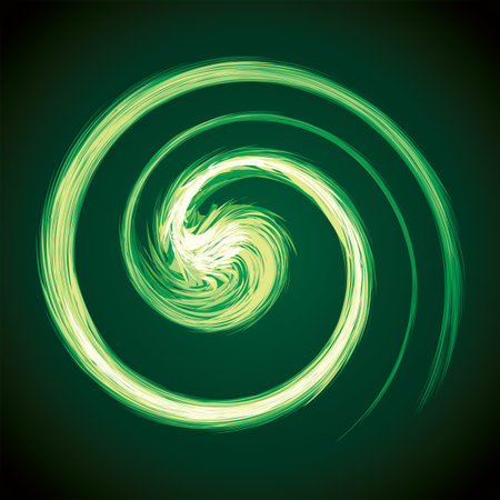Bright circular white midpoint drawing wave flame shape art design. Fuzzy magic laser sphere form in modern creative fur line style. Lime color power sun boom ball symbol on dark night space for textのイラスト素材