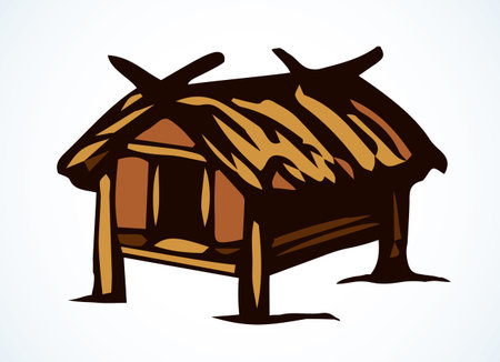 Cozy cute small poor aged Thai rest reed cover protect roof barn. Retro white outline black hand drawn primitive wood door pet farm dwell villa relax picture sketch logo design art vintage line styleのイラスト素材