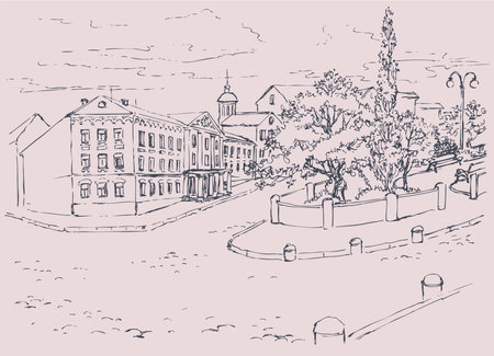 Vector Sketch architectural cityscape. Park avenue with benches of the old buildings of city streetsのイラスト素材