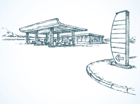 Modern city eco automotive octane store area symbol isolated on white background. Outline ink hand drawn picture sign sketch in art doodle contour graphic style pen on paper with space for text on skyのイラスト素材