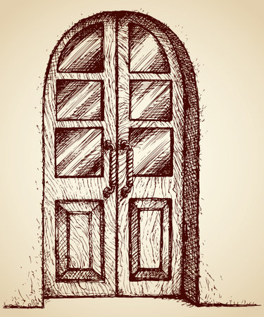 Carved door with glass and figured handles. Vector monochrome freehand sketchy linear ink drawn background in antiquity style pen on paper with space for textのイラスト素材