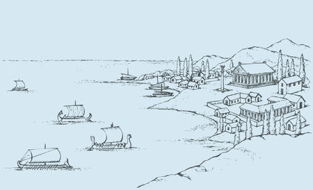 Rocky coast with tall cypress trees and ancient Greek buildings, which swim sailboats. Vector monochrome freehand drawn sketching background in style of antiquity pen on paper. Bird's eye view with space for textのイラスト素材