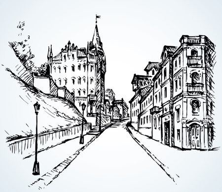 Aged romantic summer medieval Kyiv center Andrew square place scene. Outline black ink hand drawn rural door wall scenic view picture in retro art doodle engrave cartoon style. Text space on white skyのイラスト素材