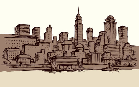 Abstract waterfront usa new york highrise bank structure center panoramic view. midtown dock harbor sky text space. Outline black ink hand drawn built  icon sign texture design in art doodle styleのイラスト素材
