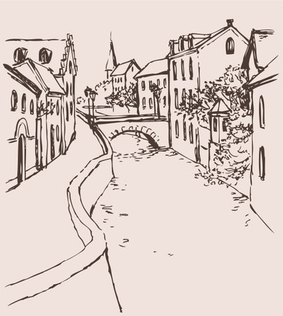 Vector cityscape of the narrow medieval street with bridge over the canalのイラスト素材