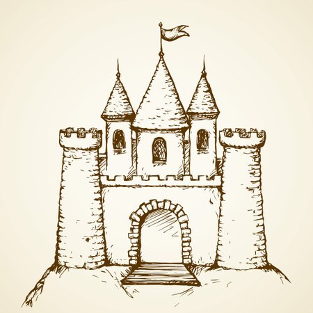 High romantic fable royalty citadel with cute turret on mountain on white backdrop. Freehand outline ink hand drawn picture in art retro doodle style pen on paper. Front view and space for text on skyのイラスト素材