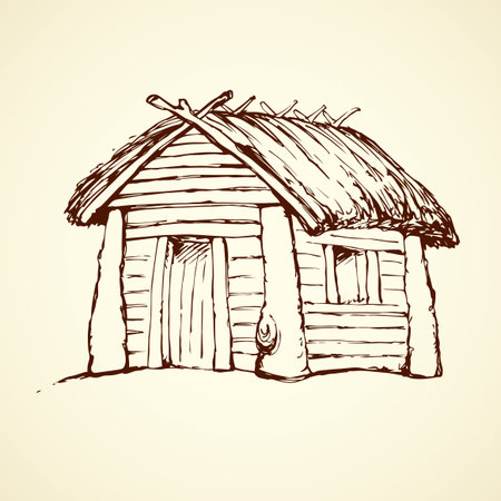 Cozy wood plank barn facade isolated on white backdrop. Retro loghouse abode with aged reed roof. Freehand outline black ink hand drawn picture sketchy in art vintage doodle contour style pen on paperのイラスト素材
