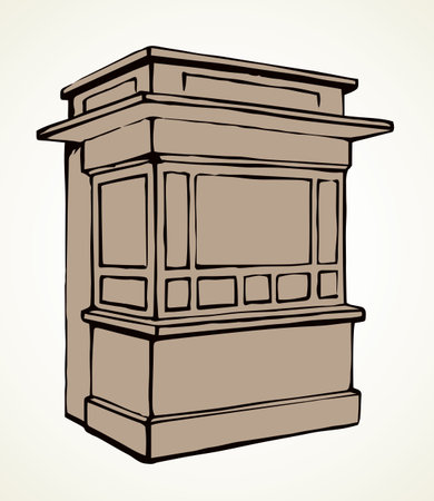 Local market mall cash booth boutique box stand house exterior. White text space. Black line hand empty town fruit cook hut symbol. Small urban cooking ice cream rack in art retro book cartoon styleのイラスト素材