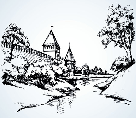 Eastern aged royal house autumn country scenic isolated white sky view. East past arab rock wall dome ruin on hill scene at pond. Line black hand drawn travel tourism picture in art retro sketch styleのイラスト素材