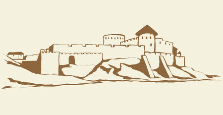 Eastern Belgorod country, Odessa region view. Arabic stone rock wall palace ruin on hill scene at sea bay sky. Outline black hand drawn aged picture in art retro engraved style on white paper for textのイラスト素材