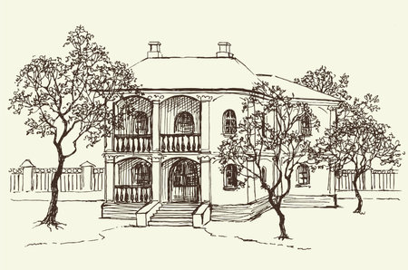 Vector landscape. Sketch drawing of the old house among the orchardのイラスト素材