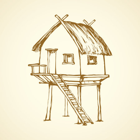 Cozy small poor barn on legs isolated on white background. Retro thai rest arbor with aged reed roof. Freehand outline ink hand drawing picture sketch in art vintage doodle contour style pen on paperのイラスト素材