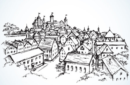 Aged romantic small rustic downtown road place scenic view. Outline black ink hand drawn big rural dome scene picture design. Doodle line art engrave style France scenery white sky text space backdropのイラスト素材