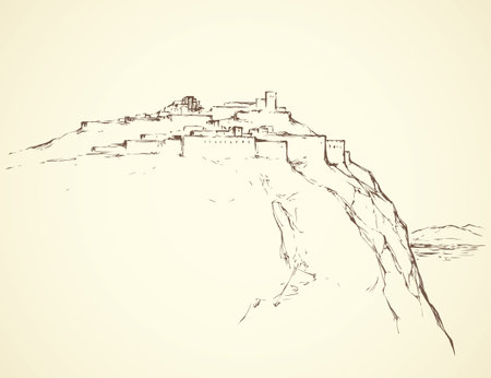 Old eastern biblical view of stone wall palace ruin on mount at sea. Freehand outline ink hand drawn picture in art retro engraved graphic style pen on paper and space for text on white sky backgroundのイラスト素材