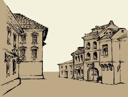 Aged romantic summer downtown place with medieval edifice. Freehand linear ink hand drawn picture sketchy in art retro scribble graphic style pen on paper with space for text on white sky backdropのイラスト素材