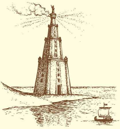Illustration of a series of vector drawings for the Seven Wonders of the Ancient World. Lighthouse of Alexandria, also known as Pharos of Alexandriaのイラスト素材
