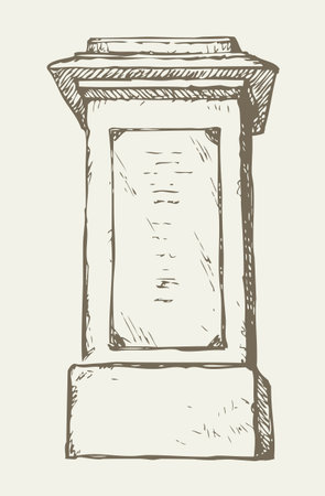Majestic aged granite greek carved pylon block plinth on luxury ornate base isolated on white backdrop. Freehand outline ink drawn symbol sketch in doodle style. View closeup with space for textのイラスト素材