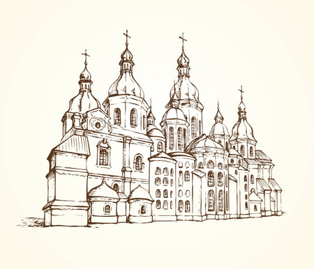 Saint Sophia Cathedral in Kiev, Ukraine. Vector monochrome freehand drawn sketching in style of pen on paper isolated on white background with space for textのイラスト素材