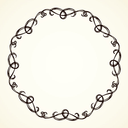 Old cute romantic book ribbon bow swirly tag swoosh element isolated on white paper card backdrop. Freehand black ink pen outline drawn curly corner sketchy in artistic rustic curlicue scrawl styleのイラスト素材