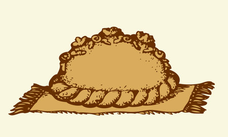 Traditional Slavic lush yeast Karavai on rushnyk isolated on white background. Freehand outline ink hand drawn picture sign sketch in art doodle style pen on paper. Closeup view with space for textのイラスト素材