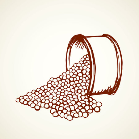 Tasty fat raw osetra spawn ikura oil conserve on white background. Freehand line black color ink hand drawn wealth sign in vintage art doodle engraved style pen on paper space for text. Closeup viewのイラスト素材