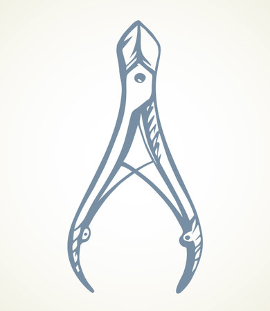 Simple iron handy catcher lever set on light paper backdrop text space. Outline black ink pen drawn healthy  pictogram emblem design image in retro art doodle cartoon print style. Close up viewのイラスト素材