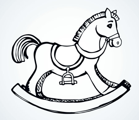 Line cute craft decorative saddle seat swing object on light backdrop. Outline black ink hand drawn flat pictogram emblem design in modern art doodle print style pen on paper text space. Closeup viewのイラスト素材