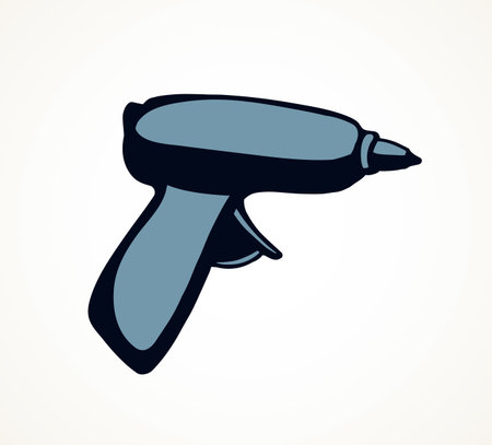 Handle home build job turn motor object on white wooden space for text. Outline black drawn labor install plastic cord hole machine  pictogram sign in modern art doodle cartoon style. Closeup viewのイラスト素材