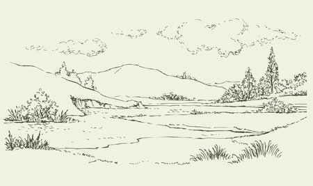 Vector image. Summer landscape with a river flowing among the hillsのイラスト素材
