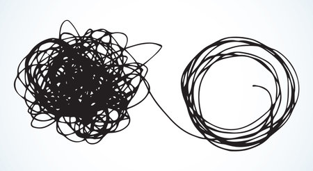 Unravel solve hard brain decision job way white text space. Outline black pen hand drawn finance life path cable wire cord rope pull loop circle ball shape change task art doodle scribble cartoonのイラスト素材