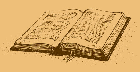 Vector drawing. Old open book with a bookmarkのイラスト素材