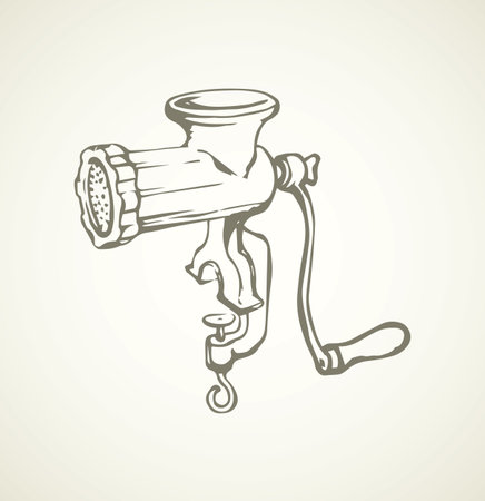 Antique iron mechanic meat grinder mill on white backdrop. Black line ink drawn culinary object device pictogram emblem sketchy in obsolete art doodle engrave cartoon style on paper space for textのイラスト素材