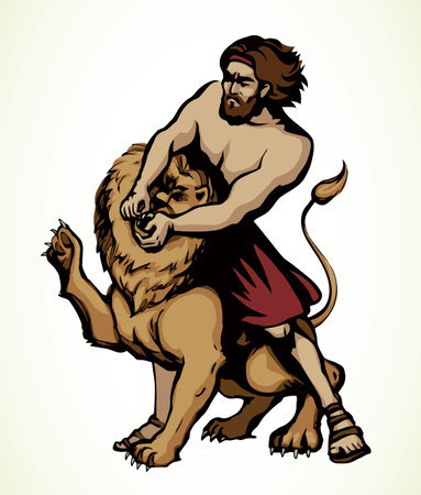 Brave coliseum arena war beard hair jew male human warrior force vs strong angry giant jewish leo jaw myth sign icon. Outline black drawn retro Israel god biblic faith story art white line vector styleのイラスト素材