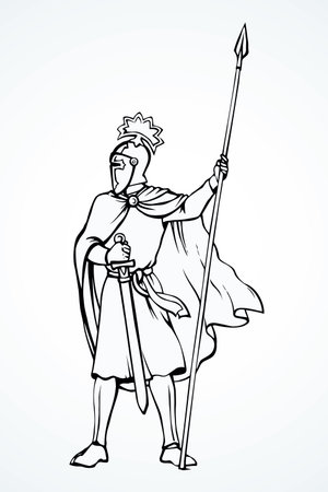 Brave noble armor swordsman king hero with aged long lance, hauberk, long sword on white background. Outline ink hand drawn  sign sketch in art retro doodle style pen on paper space for textのイラスト素材