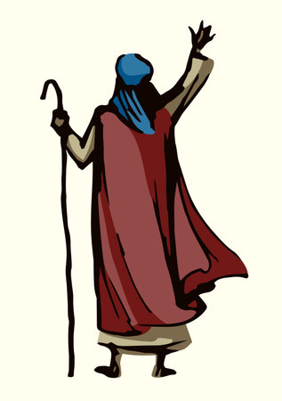 Antique israeli male law spirit leader rabbi arm up staff gesture stand sign icon  . Vintage art graphic line sketch cartoon sky story.のイラスト素材