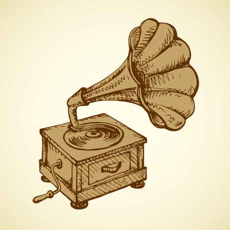 Aged brass talking machine box isolated on white backdrop. Freehand outline brown ink hand drawn picture sign sketchy in artistic revival scribble style pen on paper. Closeup view with space for textのイラスト素材