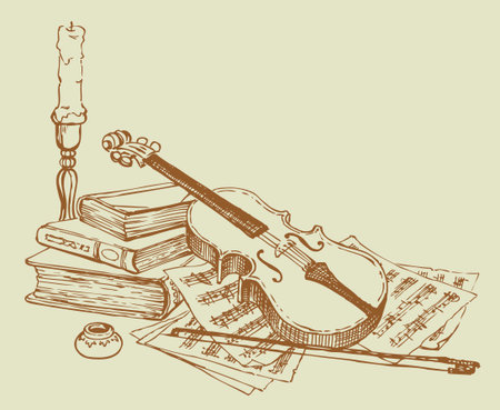 Vector vignette. Sketch a still life of a violin against a background of old books and pages with notes about the candlestick and inkのイラスト素材