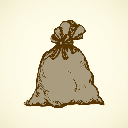 Big old heavy twine bound hessian cloth sac pouch packet isolated on white backdrop. Freehand outline ink hand drawn picture sketch in art retro doodle style pen on paper with space for text on labelのイラスト素材