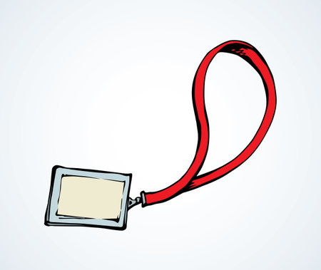 Member entry identify info license neck nametag backstage strap latch hang on white paper background. Bright red color hand drawing work note picture icon emblem sketch in art cartoon graphic styleのイラスト素材