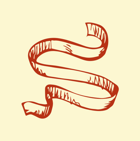 Small old romantic silk spiral twirl tag serpentine roll isolated on white backdrop. Freehand ink hand drawn object sketchy in retro art scribble style pen on paper. Closeup view with space for textのイラスト素材