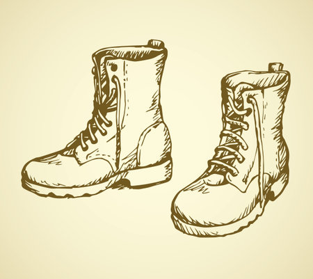 Two rough old reliable eyelets sole forces male boots isolated on white background. Freehand outline ink hand drawn icon symbol sketchy in scribble retro cartoon style pen on paper. Closeup viewのイラスト素材