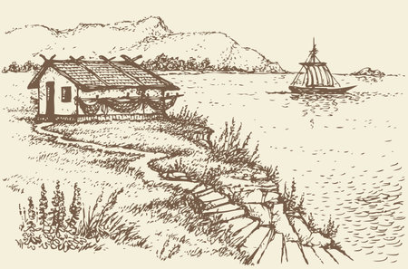 Vector landscape. The old fisherman's hut on a cliff above the quiet sea bayのイラスト素材