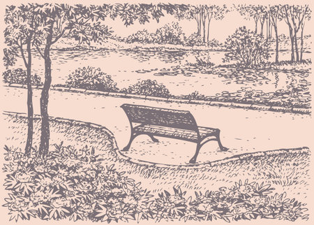 Vector landscape. Cozy, quiet corner of the old park near river. Bench, surrounded by flowering shrubsのイラスト素材