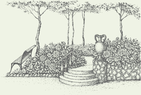 Vector landscape. Park bench under tree near stairs with ancient amphora surrounded by blooming flowerbedsのイラスト素材