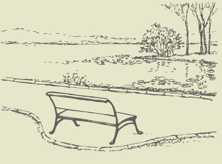 Vector landscape. Cozy, quiet corner of the park. Bench in front of the river with views of the island with wild treesのイラスト素材