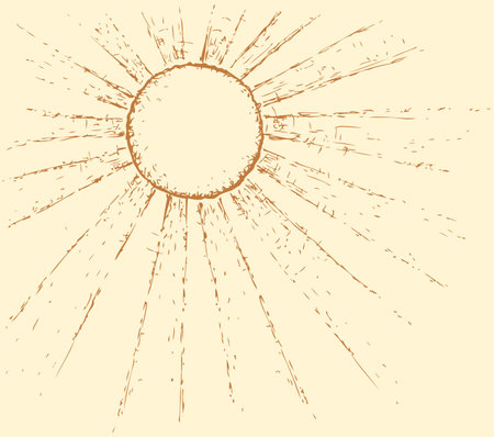 Vector monochrome freehand ink outline image in doodle style. Radiant hot sun shining at its zenithのイラスト素材