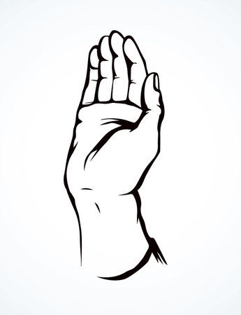 Outstretched hand breadth forearm on white backdrop. Freehand outline black ink drawn want   pictogram emblem sketchy in retro art doodle cartoon style pen on paper space for text. Closeup side viewのイラスト素材