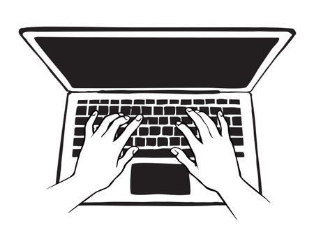 Lcd  eypad on white table desk backdrop. Black line drawn led netbook. Www social data key icon sign sketch in modern art doodle style on pad space for text. Close up palm push above top viewのイラスト素材