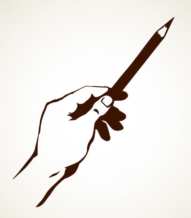 Closeup view human author memo pointer. Female teacher white space text. Outline black ink artwork vintage male writer palm scribble letter list   concept. Line draft in retro doodle cartoon styleのイラスト素材